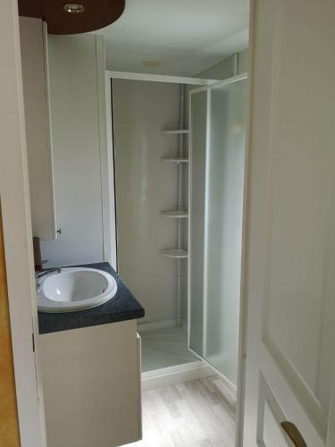 une salle de bain blanche avec un lavabo et une douche dans l'établissement La Parenthèse, à Guénin