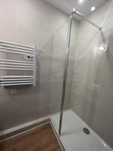 une douche avec une porte vitrée dans une salle de bain dans l'établissement Superbe T2 vue mer, clim, parking gratuit, à Canet