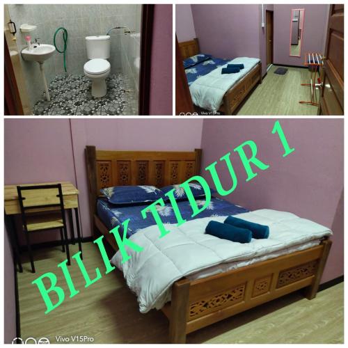 two pictures of a bedroom with two beds and a bathroom at HOME STAY Tok Wan in Kampong Nail