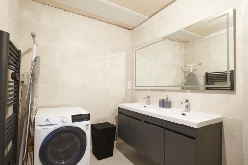 une salle de bain avec une machine à laver et un lavabo dans l'établissement Duplex de standing en plein coeur de Béziers, à Béziers