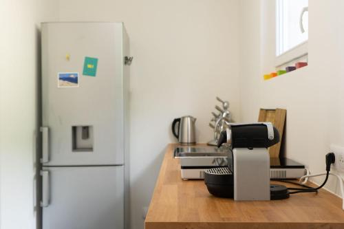 a kitchen with a white refrigerator and a counter at LE PETIT NID DES CHUTES LAVIES in Marseille