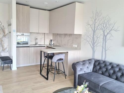 a kitchen with a couch and a table in a room at Luxury apartments Laisvės avenue view in Kaunas