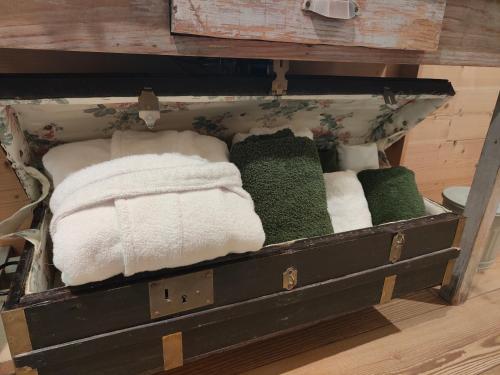 an old suitcase filled with towels and grass at Chambre Trèfle in Entremont