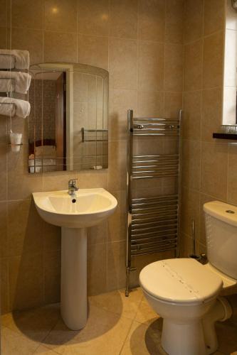 a bathroom with a sink and a toilet and a mirror at Golf Links House in Newcastle