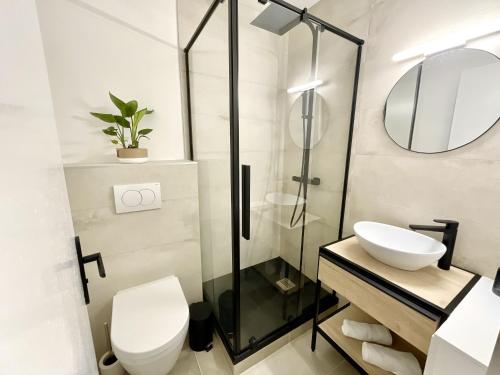 uma casa de banho com um chuveiro, um WC e um lavatório. em La Douceur Roannaise - Parking privé proche gare em Roanne