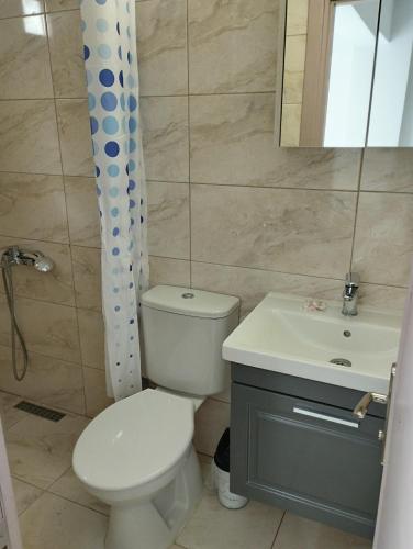 a bathroom with a toilet and a sink at Soleil Otel in Kuşadası