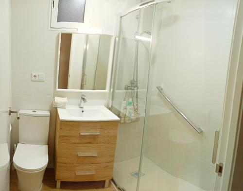 a bathroom with a shower and a toilet and a sink at Vistas a las palmeras in Burjassot