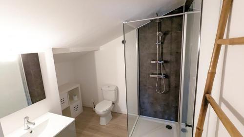 een badkamer met een douche en een toilet bij Détente à l'océan - plage à pied, calme et nature in Labenne