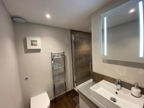 uma casa de banho com um lavatório, um espelho e um chuveiro em The Old Gables em Brampton