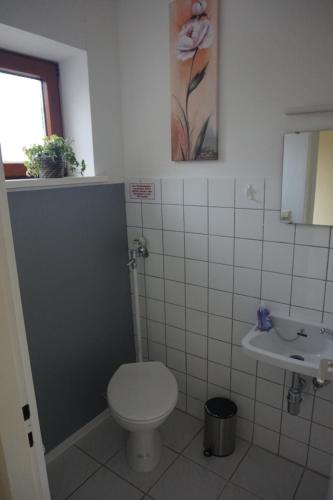 La salle de bains est pourvue de toilettes et d'un lavabo. dans l'établissement Ferienwohnung König, à Dornstadt