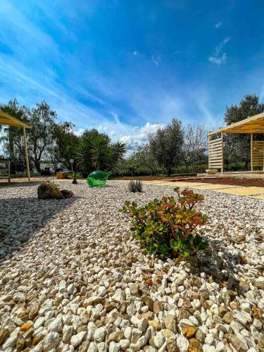 a large rock yard with a building and a green tent at La Maison One B&B in Carovigno