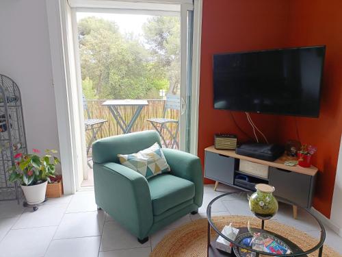 ein Wohnzimmer mit einem grünen Stuhl und einem Flachbild-TV in der Unterkunft Appart. 3ch - 6mn de la plage de Bonne Grâce in La Seyne-sur-Mer