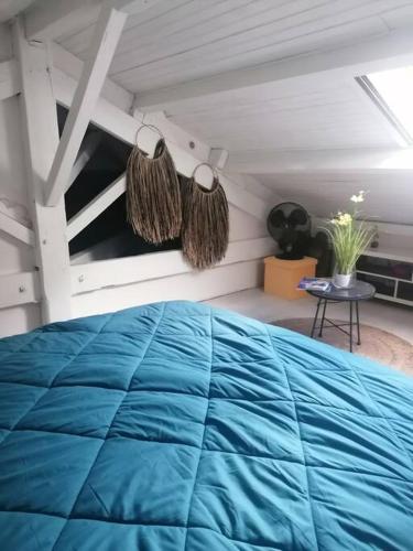 - une chambre avec une couette bleue sur un lit dans l'établissement Maison de charme Nature et Rivière au pays basque, à Estérençuby