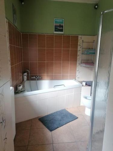 une salle de bain avec baignoire et toilettes dans l'établissement Maison de charme Nature et Rivière au pays basque, à Estérençuby