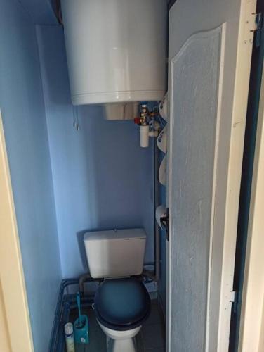 - une petite salle de bains avec toilettes dans une pièce bleue dans l'établissement Cabourg: Petit F2 proche hippodrome., à Cabourg