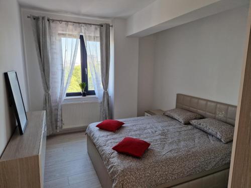 ein Schlafzimmer mit einem Bett mit zwei roten Kissen darauf in der Unterkunft Apart Confort in Bacău