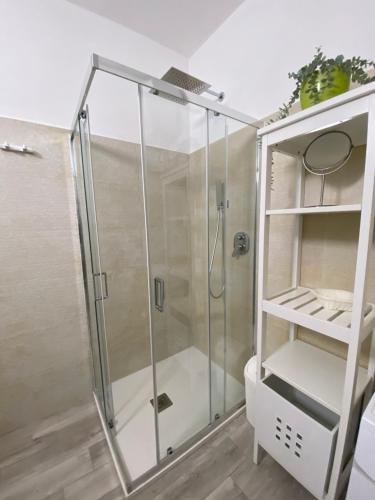 a shower stall with a glass door in a bathroom at Torre dei Corsari APPARTAMENTO CON GIARDINO VISTA MARE in Torre Dei Corsari