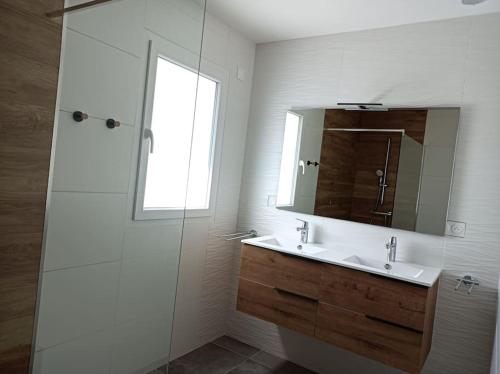 een badkamer met een wastafel, een spiegel en een douche bij Villa Côté Charance Pelleautier in Pelleautier