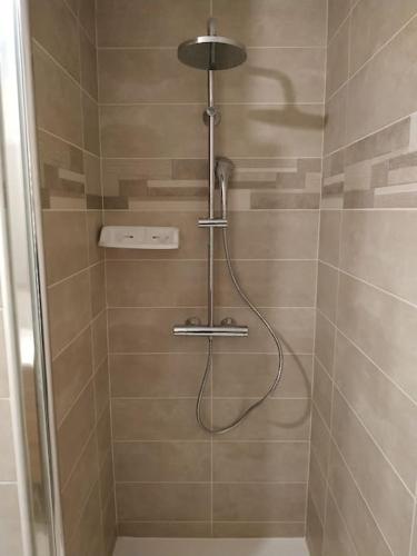 une douche avec pommeau de douche dans une salle de bain dans l'établissement Superbe T2 proche de la Mer - Climatisation + parking, à Canet