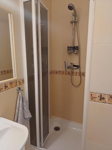 a bathroom with a shower and a sink at Studio Krynica in Krynica Morska