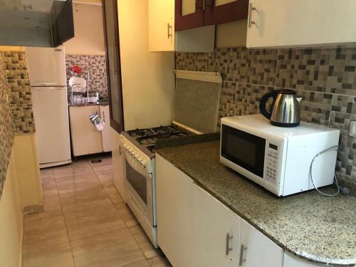 a kitchen with a microwave on a counter and a refrigerator at احجزلى in 6th Of October