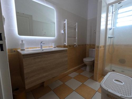 uma casa de banho com um lavatório, um WC e um espelho. em Ti cocon em Le Tampon