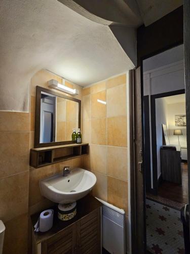 une salle de bain avec un lavabo et un miroir dans l'établissement L'Annexe de la corniche, à Chaumont