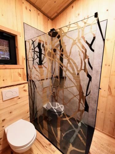 a bathroom with a toilet and a shower curtain at La Cabane d'Ode in Sainte-Ode