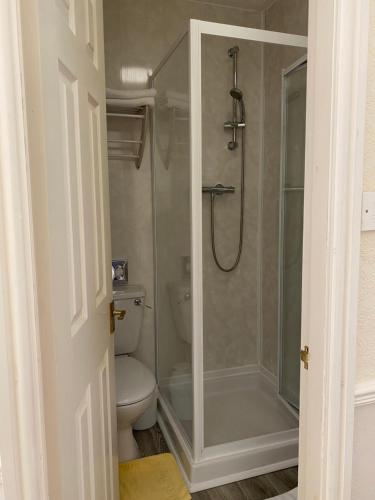 a bathroom with a toilet and a glass shower at The Laurels in Blackpool