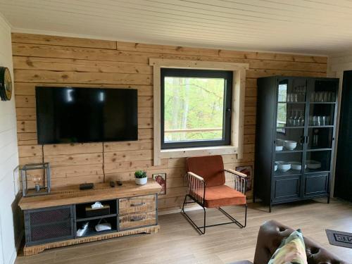 a living room with a television and a chair at Gites Douillets for the Family in Houyet