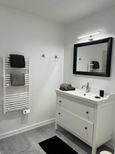 a white bathroom with a sink and a mirror at Gite chez Polo in Les Mételles
