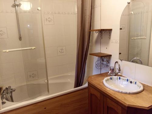 ein Bad mit einem Waschbecken und einer Dusche in der Unterkunft Les Berthaumes in Clécy