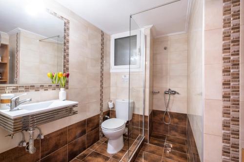 a bathroom with a toilet and a sink and a shower at Izabella Guest House in Nafplio