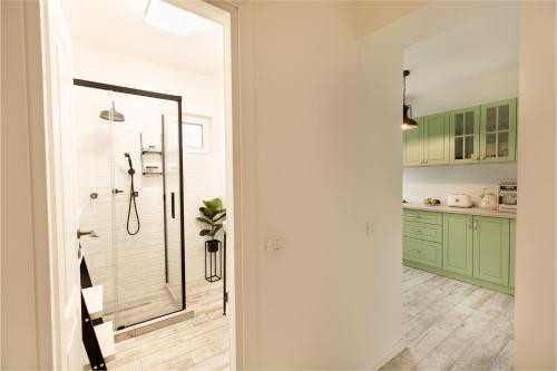 a bathroom with a shower with green cabinets at METROPOLE APARTMENTS ATENEUM RESIDENCE in Bucharest