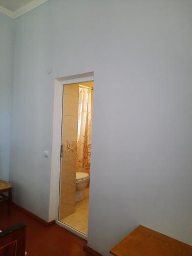 a bathroom with a toilet and a mirror at Arevik BB in Chʼiva