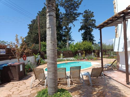 a table and chairs around a palm tree next to a pool at Traditional Villa Sofia in Vrysoules