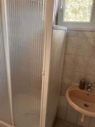 een badkamer met een douche en een wastafel bij Apartman Bari Petrcane in Petrcane