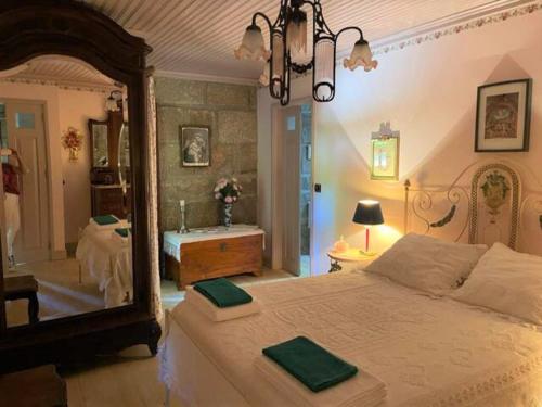 a bedroom with a large bed and a mirror at Casa da Pedra - Turismo Rural in Bragado