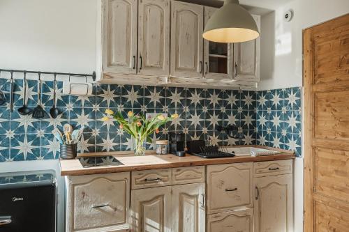 uma cozinha com azulejos azuis e brancos na parede em Barrique - Somló Country Home em Somlóvásárhely