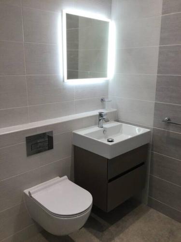 a bathroom with a toilet and a sink and a mirror at ChurstonBnB, private flat within family home, Bolton in Lostock