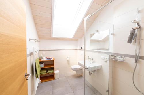 a bathroom with a sink toilet and a skylight at Eistobel und Felderhalde in Isny im Allgäu