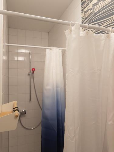 y baño con ducha y cortina de ducha. en Sleeptide, en Husum