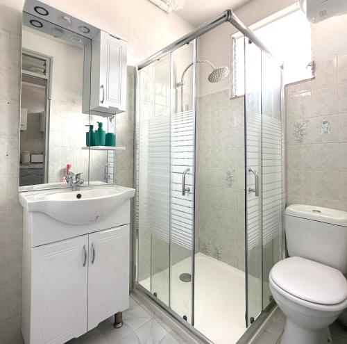 a bathroom with a shower and a toilet and a sink at Peyi Galante Évasion in Saint-Louis