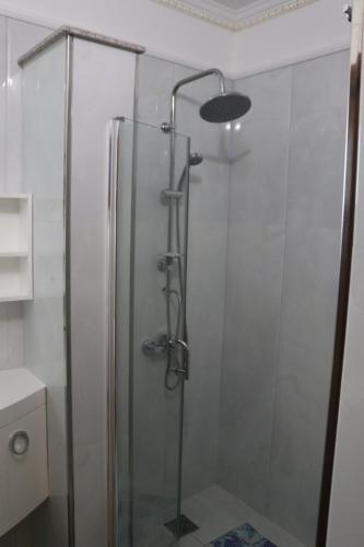 a shower with a glass door in a bathroom at Casa Dobra in Dobra
