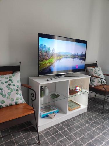 a flat screen tv on a white entertainment center at Quinta dos Chorões in São Vicente Ferreira