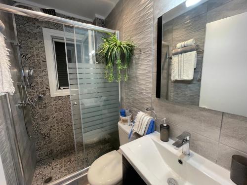 グリファダにあるBest Sea View In Glyfada Corfuのバスルーム(洗面台、トイレ、シャワー付)