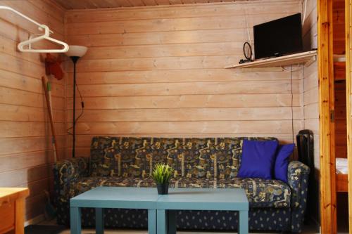 a couch in a room with a table and a tv at Björkebo Camping in Stöllet