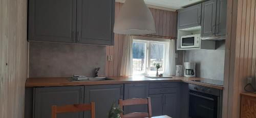 a kitchen with gray cabinets and a sink and a window at Björkebo Camping in Stöllet