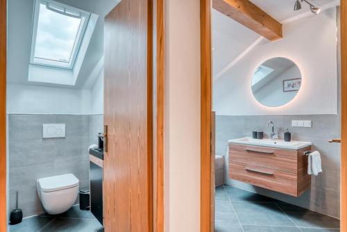 a bathroom with a toilet and a sink and a mirror at Ferienwohnung Brünnstein in Kiefersfelden