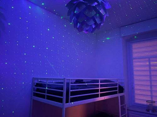 a bedroom with a purple ceiling with stars on the wall at SPACE AGE Design-Luxus-Apartment, Terrasse, Zentral in Gera
